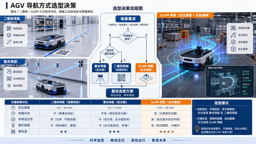 AGV导航方式怎么选？激光、二维码与SLAM对比解析