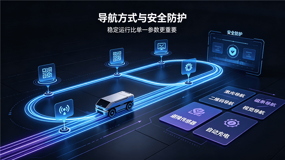 AGV导航方式、安全防护与运行效率示意图